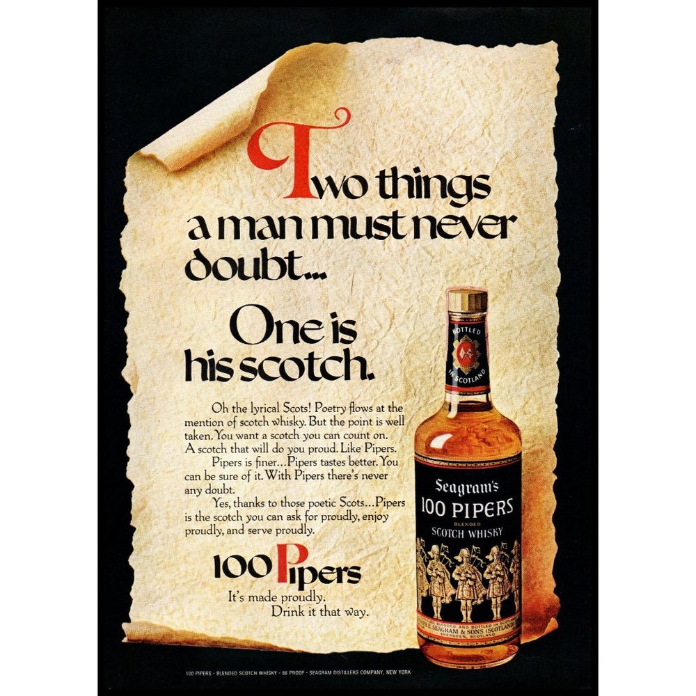 1971 100 Pipers Scotch Whisky Vintage Print Ad Scroll Antique Paper Wall Art
